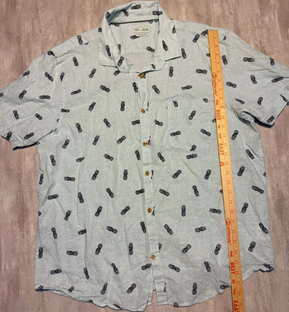 Tenth + Ocean Pineapple Print Washable Linen Short Sleeve Button Down Shirt Size